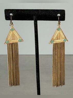 Pretty Boho Goldtone Triangle Tassel/Fringe Earrings with Blue-Green Accents